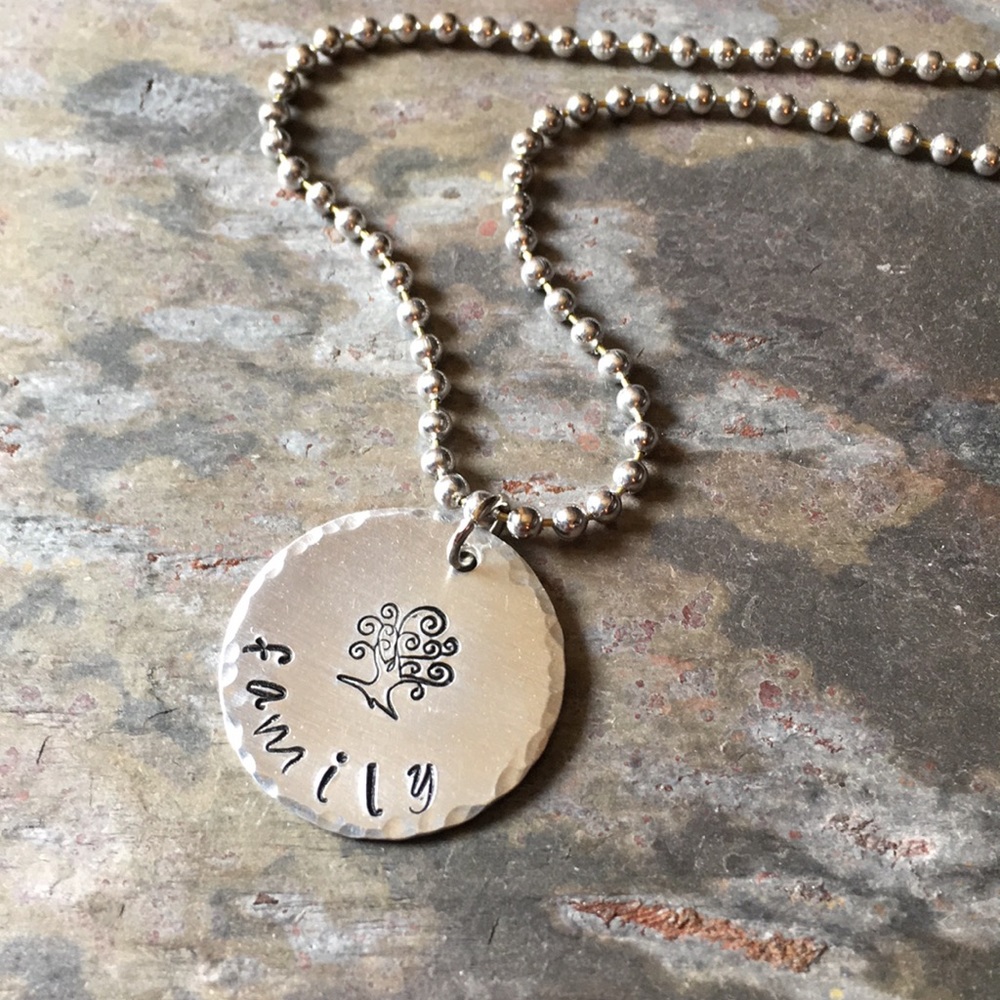 Hand Stamped Family Tree Charm Necklace Silver Aluminum 24”